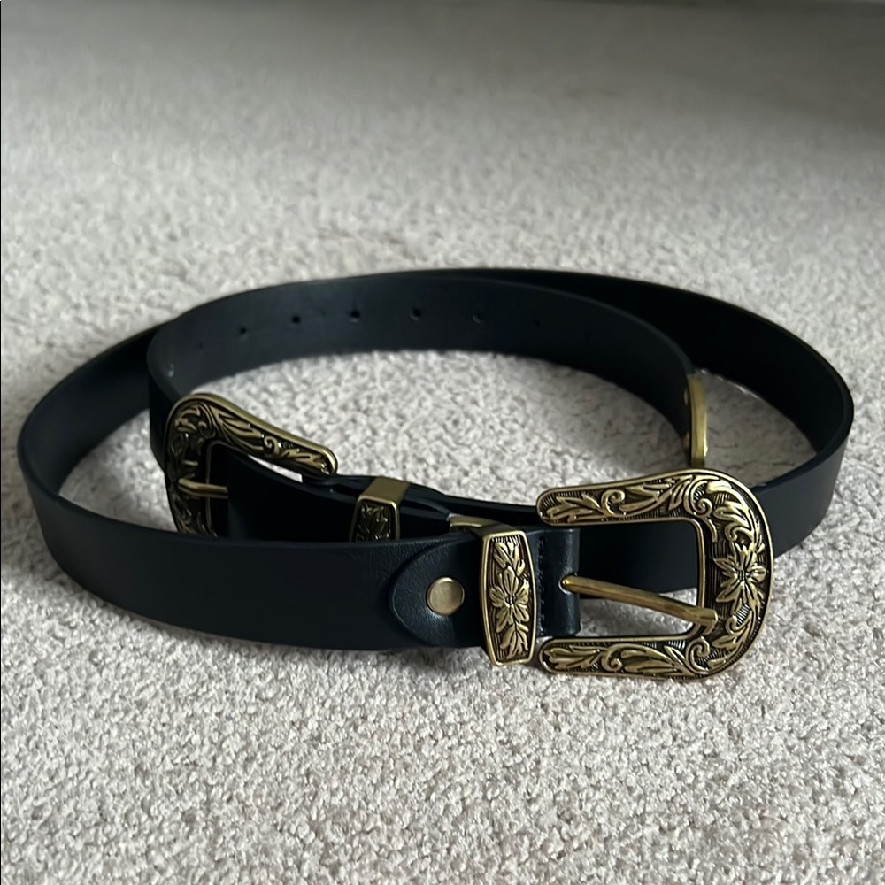 Vintage western Black Leather Belt with Gold Buckle
